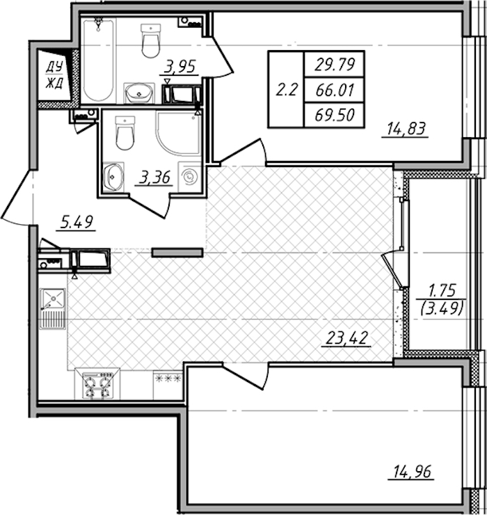 2-комнатная квартира 66.01 м², 2/13 эт., ЖК «Чёрная речка»